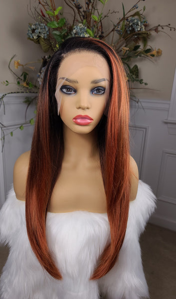 "Doreen"- HD lace front wig, free part, human blend, long & straight ( copper brown with dark brown root)