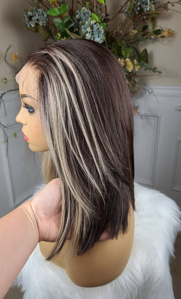 Milky Way" - HD Lace front wig, Free part,  Human blend, short & straight ( dark brown root to tip with blonde streaks framing the face)