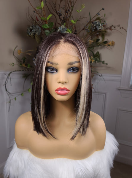 Milky Way" - HD Lace front wig, Free part,  Human blend, short & straight ( dark brown root to tip with blonde streaks framing the face)