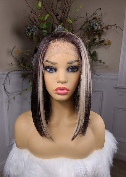 Milky Way" - HD Lace front wig, Free part,  Human blend, short & straight ( dark brown root to tip with blonde streaks framing the face)