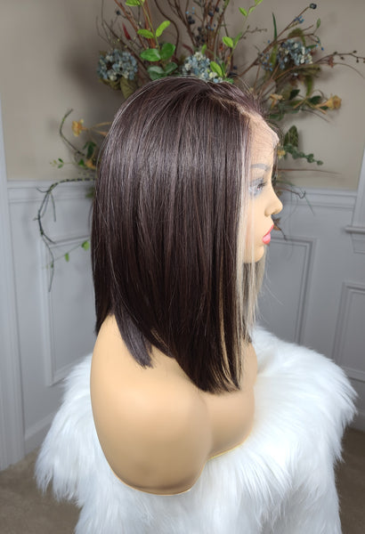 Milky Way" - HD Lace front wig, Free part,  Human blend, short & straight ( dark brown root to tip with blonde streaks framing the face)