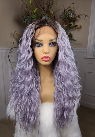 "Pristine"- Lace front wig, human blend, deep middle shiftable part, long & wavy ( lavendar with brown root)