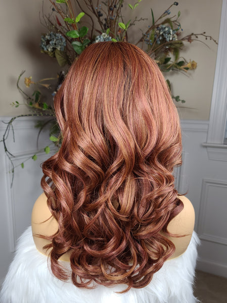 "Kathy" HD lace front wig, human blend, free part ( ginger/autumne brown with brown root)