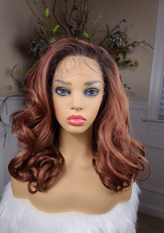 "Kathy" HD lace front wig, human blend, free part ( ginger/autumne brown with brown root)