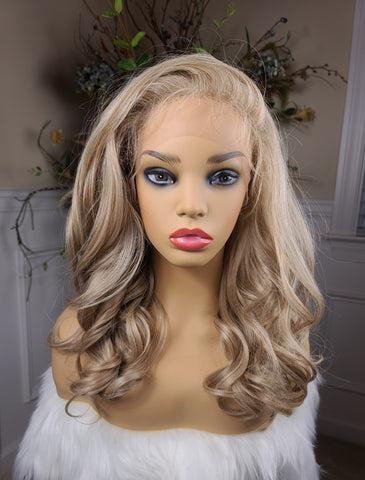 "Jessica Volume II" - HD Lace front , human blend, left part, medium length with waves ( ash blonde root to tip)
