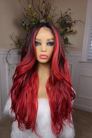 "Flame"- HD Lace front wig, deep middle shiftable part, human blend, long & wavy (burgundy & cherry red with a black root specialty color )