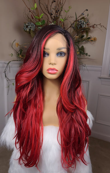 "Flame"- HD Lace front wig, deep middle shiftable part, human blend, long & wavy (burgundy & cherry red with a black root specialty color )