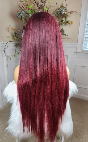 "Joyce" Human blend, free part, long & straight, blow out texture( burgundy red cherry with black root)