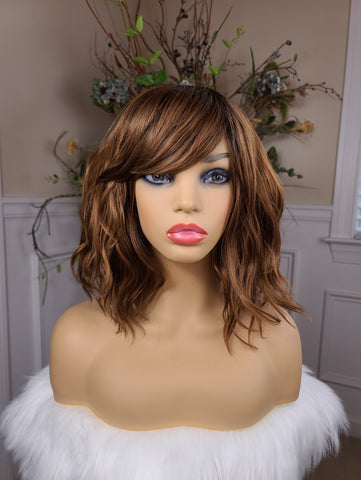 "Pre Order- Stephanie" Volume II- no lace, with bangs, human blend, short & wavy ( autumn Brown with a brown root)
