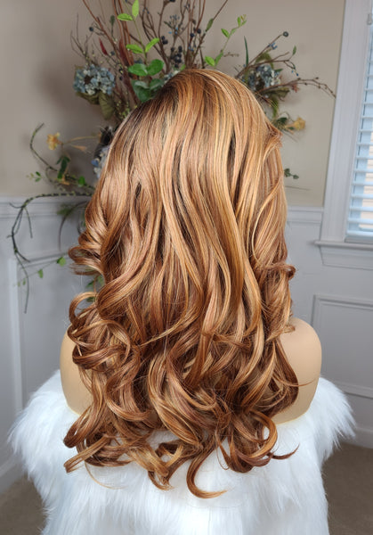 "Peaches" - hd lace front, human blend, medium length with waves, left part ( Brown root amber blonde)