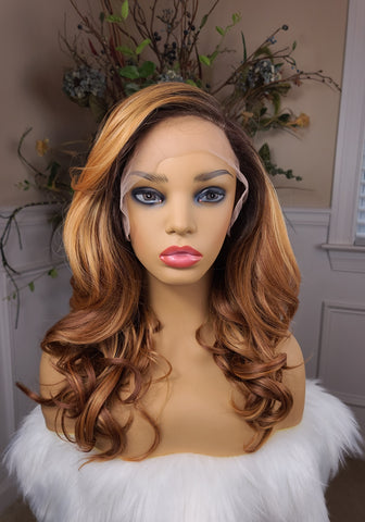 "Peaches" - hd lace front, human blend, medium length with waves, left part ( Brown root amber blonde)