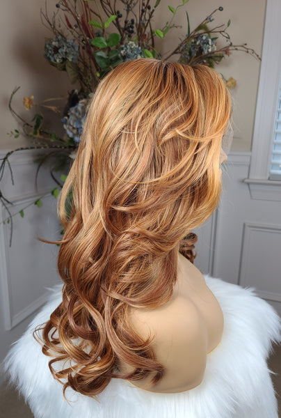 "Peaches" - hd lace front, human blend, medium length with waves, left part ( Brown root amber blonde)