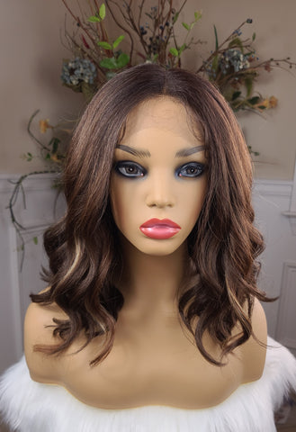 "Shay"- HD Lace front wig, human blend, deep middle shiftable part, short & wavy