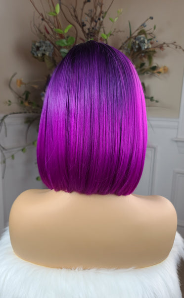 "Summer" -  Lace front wig, human blend, short & straight, black root with purple and fushia pink