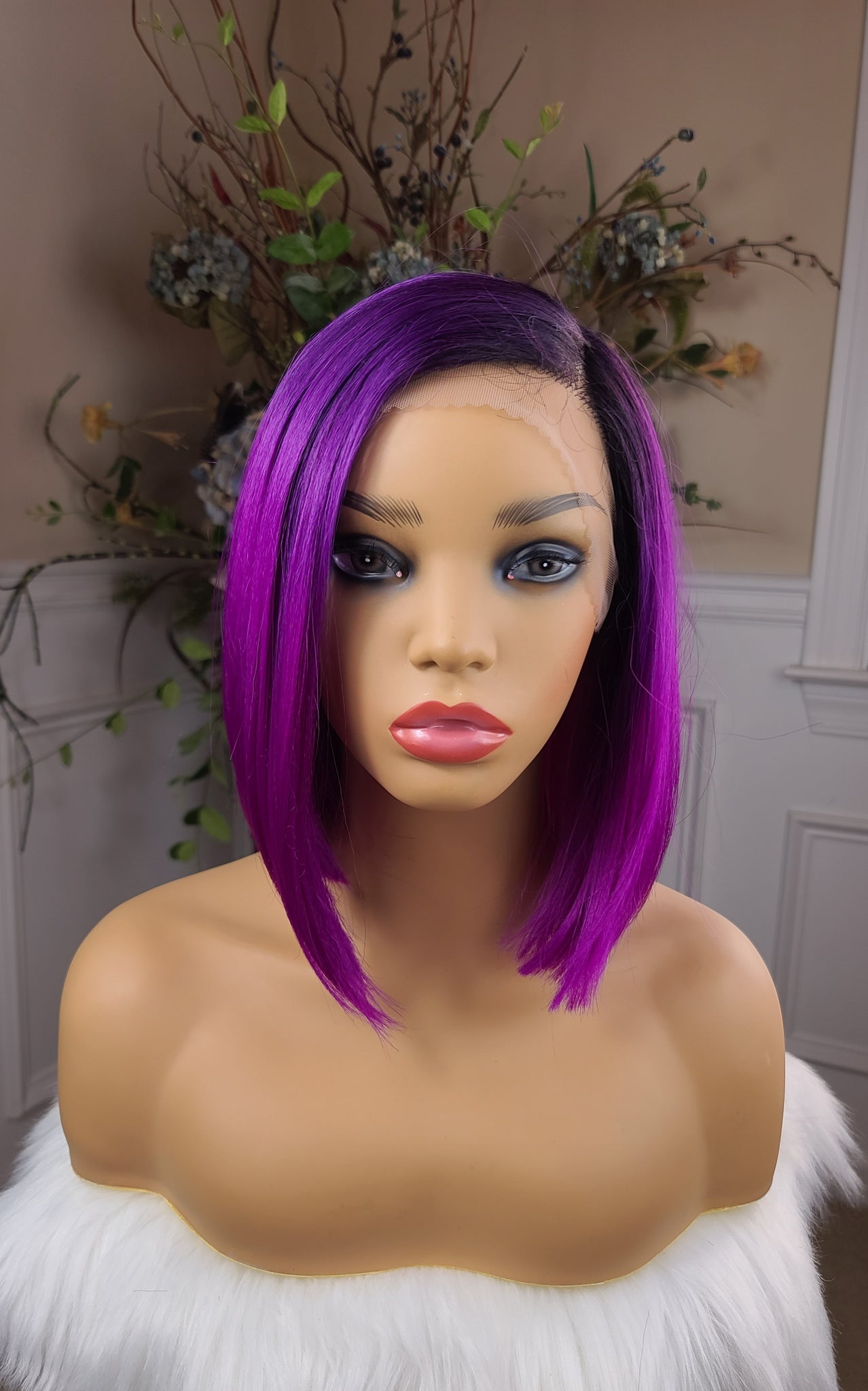 "Summer" -  Lace front wig, human blend, short & straight, black root with purple and fushia pink