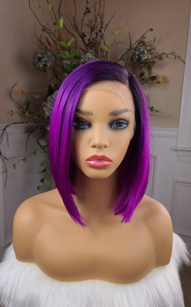 "Summer" -  Lace front wig, human blend, short & straight, black root with purple and fushia pink