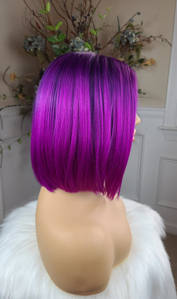 "Summer" -  Lace front wig, human blend, short & straight, black root with purple and fushia pink