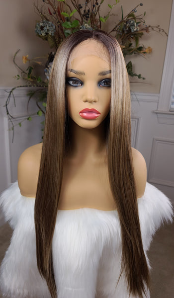 "Coco" - HD Lace front, human blend,  Deep middle shiftable part, long & straight, dirty blonde with highlights with brown root