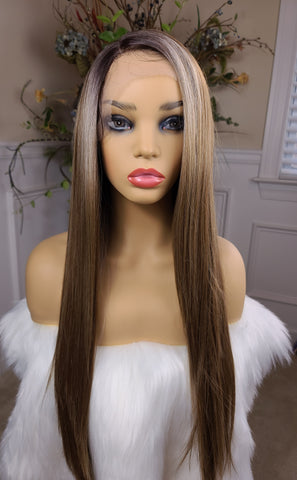 "Coco" - HD Lace front, human blend,  Deep middle shiftable part, long & straight, dirty blonde with highlights with brown root