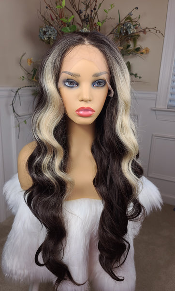 "Racquel"- HD lace front wig, human blend, free part, long & straight, chocolate brown root to tip with blonde streaks