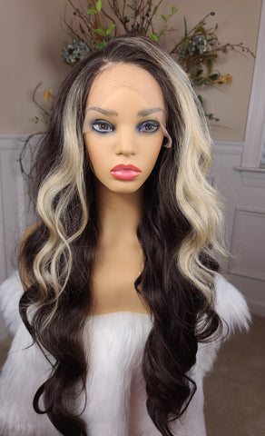 "Racquel"- HD lace front wig, human blend, free part, long & straight, chocolate brown root to tip with blonde streaks