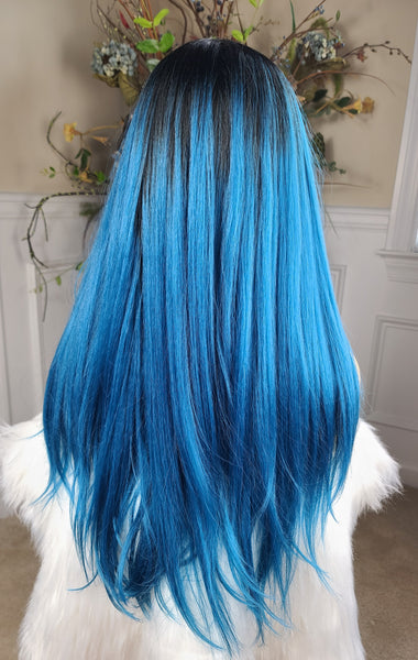 "Bea" - bang unit no lace, long straight, blue with black root (DISCONTINUED)