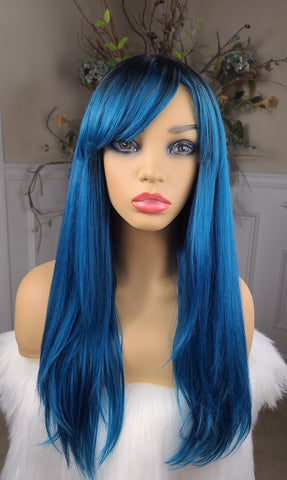 "Bea" - bang unit no lace, long straight, blue with black root (DISCONTINUED)