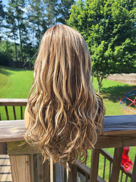 "Lori" - Lace front, left part monofilament wig,  blonde and brown highlights,  long & wavy ( barette not included)