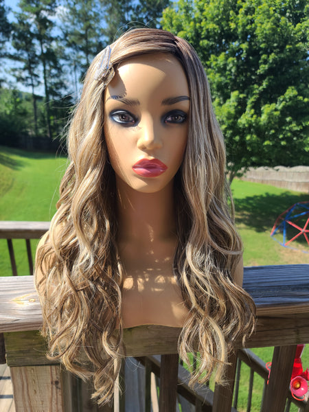 "Lori" - Lace front, left part monofilament wig,  blonde and brown highlights,  long & wavy ( barette not included)