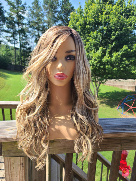 "Lori" - Lace front, left part monofilament wig,  blonde and brown highlights,  long & wavy ( barette not included)