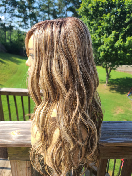 "Lori" - Lace front, left part monofilament wig,  blonde and brown highlights,  long & wavy ( barette not included)