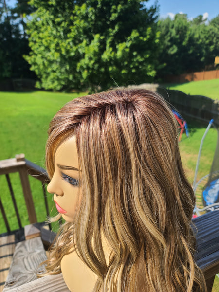 "Lori" - Lace front, left part monofilament wig,  blonde and brown highlights,  long & wavy ( barette not included)