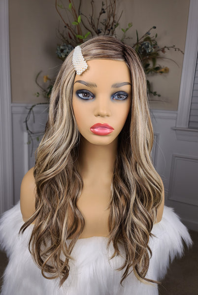 "Lori" - Lace front, left part monofilament wig,  blonde and brown highlights,  long & wavy ( barette not included)