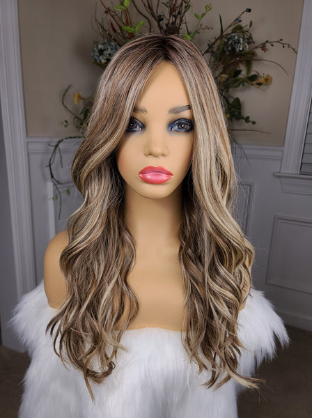 "Lori" - Lace front, left part monofilament wig,  blonde and brown highlights,  long & wavy ( barette not included)