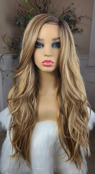 "Cleo" - HD lace front, deep shiftable part, long & blonde with highlights with root