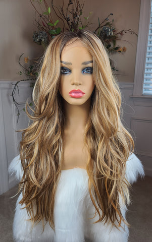 "Cleo" - HD lace front, deep shiftable part, long & blonde with highlights with root