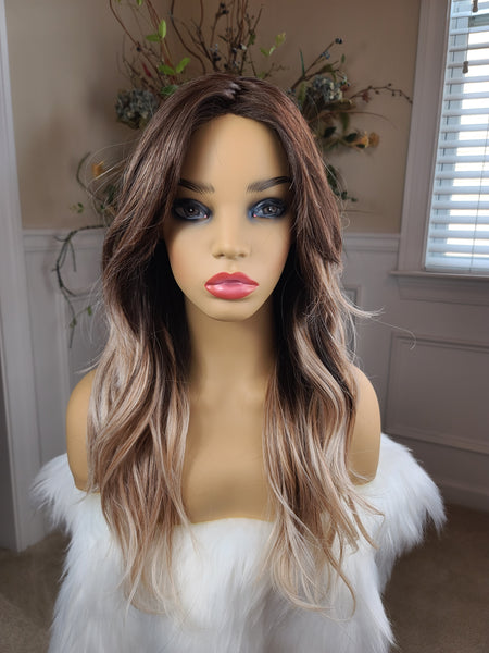 IN STOCK NOW "Lucy" - lace front beauty, deep middle shiftable part monofilament (long peach balayage)