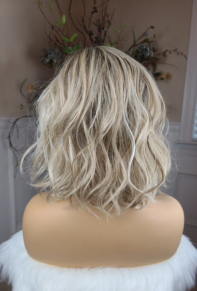 "Tipsy"- Lace front left partial monofilament, short & wavy (latte macchiato)