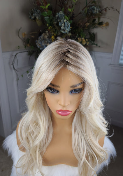 IN STOCK NOW "Lucy"- lace front, Deep middle Shiftable part monofilament, long & wavy( bombshell blonde)