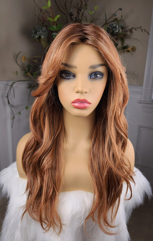 IN STOCK NOW "Lucy"- lace front, deep middle shiftable part monofilament, long & wavy ( strawberry blonde)