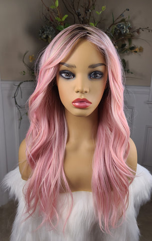 IN STOCK NOW "Lucy" - lace front deep middle shiftable part monofilament, long & wavy ( bubble gum pink)