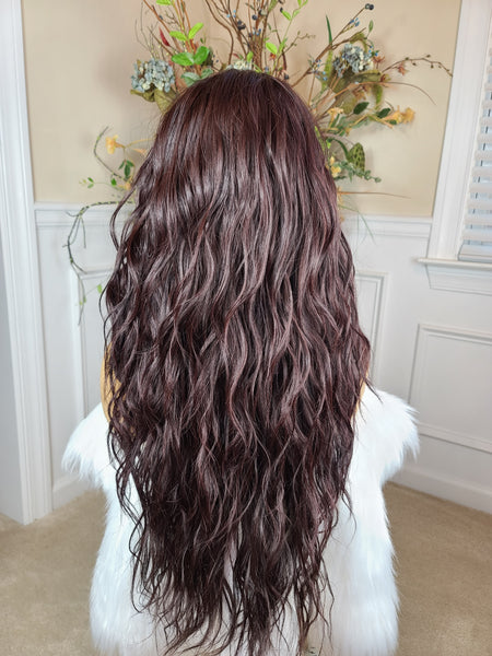 "Farah" Wig - Human Blend, Free Part, 360, Autumn Brown root to tip, Long & Wavy (deep plum burgundy root to tip)