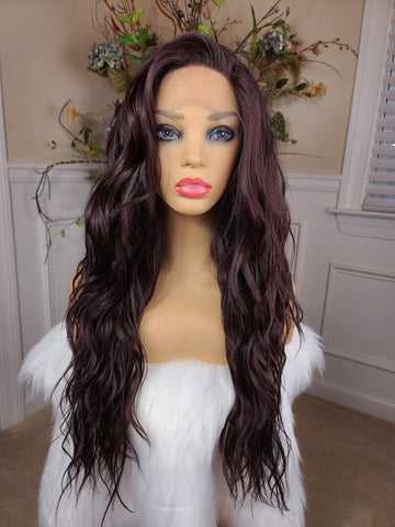 "Farah" Wig - Human Blend, Free Part, 360, Autumn Brown root to tip, Long & Wavy (deep plum burgundy root to tip)