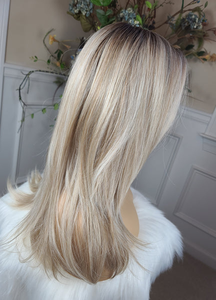 "Brooke"- lace front, deep middle shiftable partial monofilament ( butter blonde)