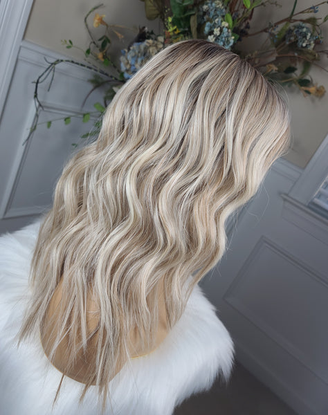 "Niki"- lace front, deep middle shiftable partial monofilament (butter blonde)