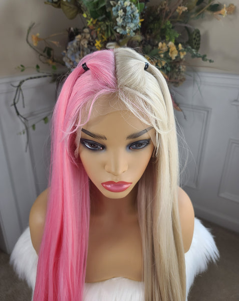 "Barbie" - Lace front, deep middle Shiftable part, human blend (ponytails come out)