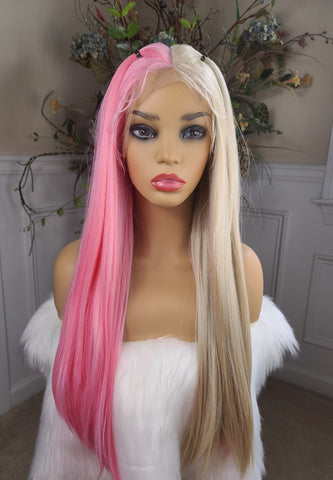 "Barbie" - Lace front, deep middle Shiftable part, human blend (ponytails come out)
