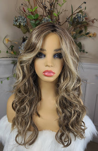 "Jasmine" - lace front, deep middle, shiftable partial monofilament (sweet cream)