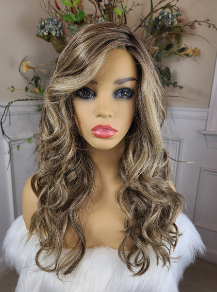 "Jasmine" - lace front, deep middle, shiftable partial monofilament (sweet cream)