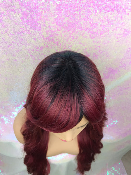 “Cassandra” Wig - No Lace, Bangs, Burgundy with black root, Long & Wavy